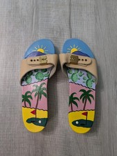 Vtg Dr. Scholl's ALOHA Wooden Sandals Leather Strap Y2k Sz 7.5- 8
