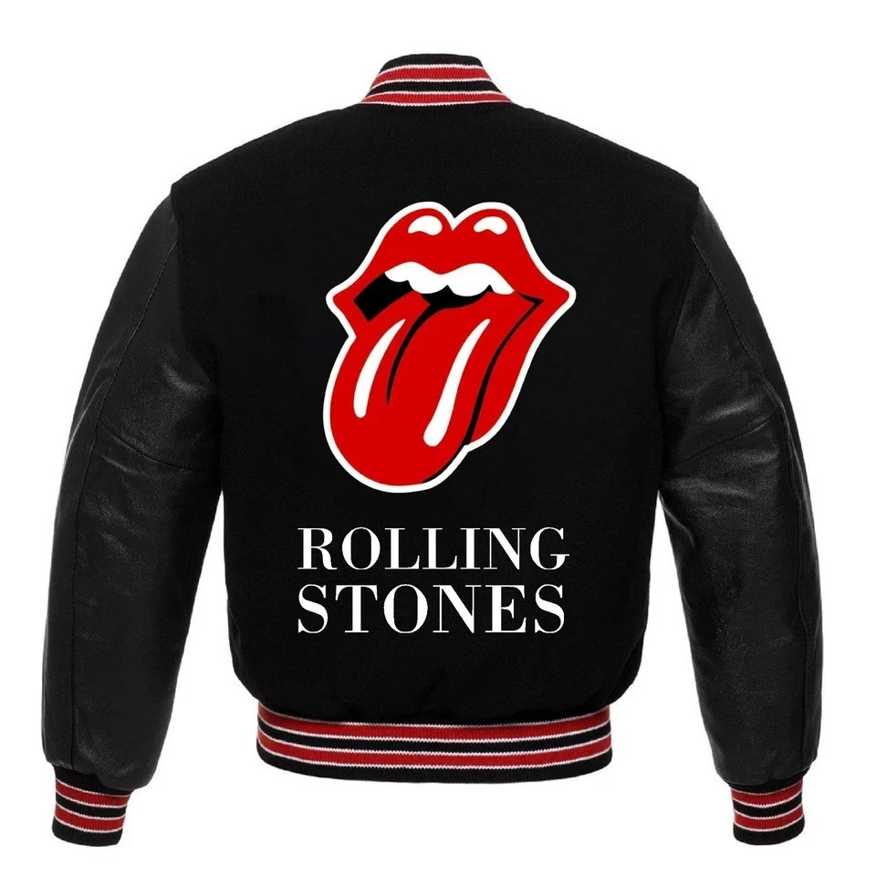 Stones Rolling Black Varsity Jacket  (Not Satin, Not Wool, Not Leather)