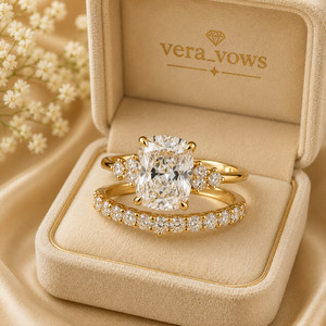 Authentic Engagement Ring 3Ct Moissanite Cushion Bridal Band 14k Yellow Gold Plated Set