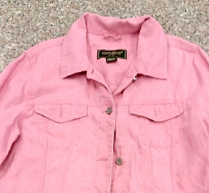 Chaqueta Bomber EDDIE BAUER Mujer Lg Rosa/Rosa LOVE 100% Lino Bolsillos Abotonados* Foto 2 de 4