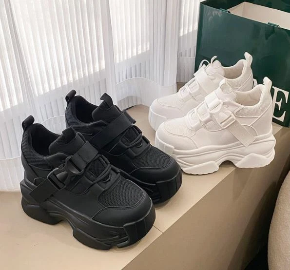 Breathable Sneakers Lace Up Chunky Heel Trainers Athletic Preppy