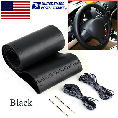 DIY Leather Car Steering Wheel Cover Needle Thread Anti-slip Black For Nissan