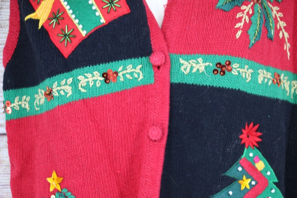 Chaleco Suéter Rojo Vintage Años 90 Para Mujer Talla Mediana Tejido Navidad Vacaciones Foto 3 de 4