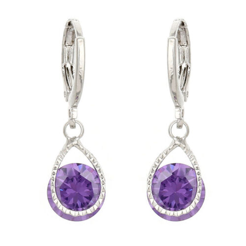 Womens Fashion Silve Purple Zircon Crystal Eardrop Water Drop Earrings Jewelry  - Picture 1 of 2