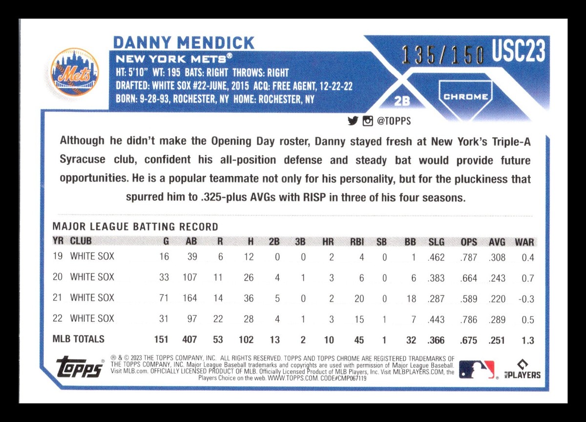 2023 TOPPS CHROME UPDATE BLUE DANNY MENDICK 079/150 NEW YORK METS 