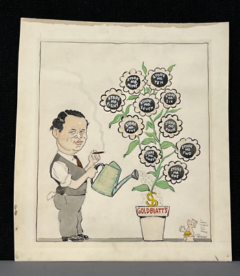 Paul Plaschke Original Cartoon Watercolor Drawing of NATE GOLDBLATT, c. 1940 s