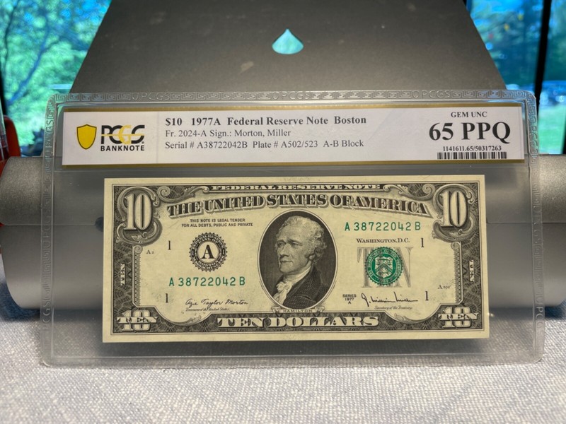 (#101454) 1977 $10 Boston.  AB block. FR 2024 (1 of 2 sequential) PCGS 65 PPQ