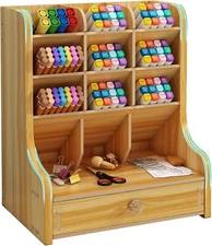 Marbrasse Pen Organizer for Desk，Updated Thicker Wooden DIY Pen Holder with D...