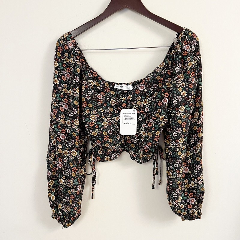 Elodie Ruched Crop Top Side Tie Long Balloon Sleeves Floral Size Small NEW