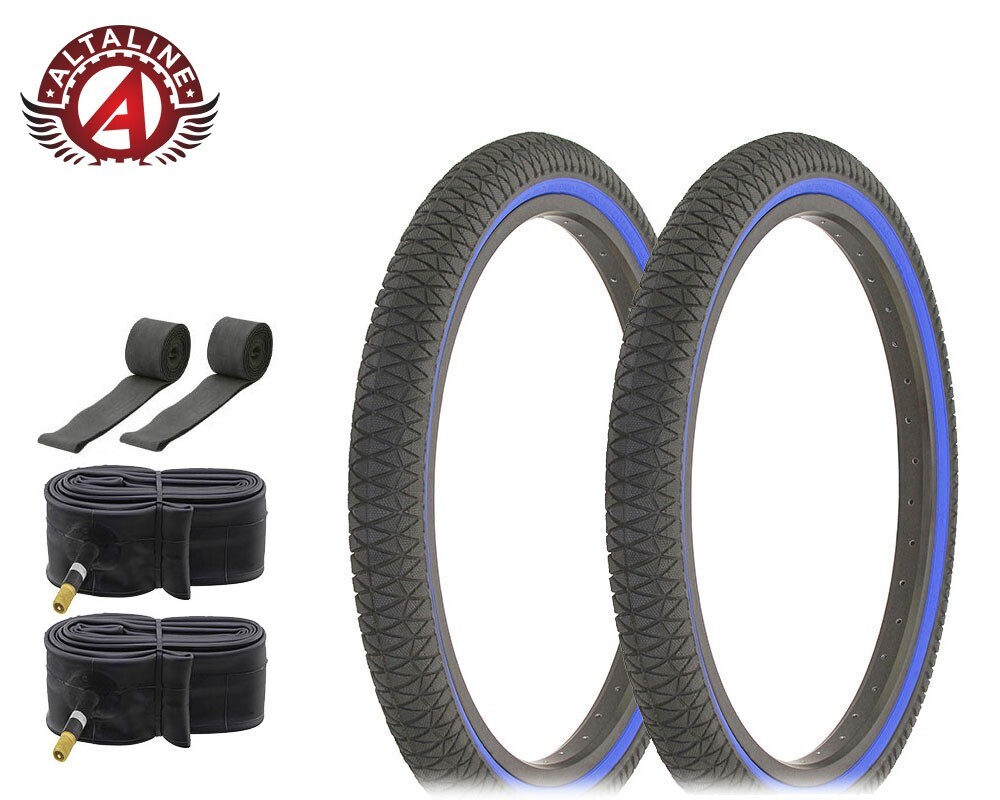 ALTALINE Bicycle 20" x 1.95" Black/BLUE X-PERFORM (2) TIRES, TUBES, & STRIPS BMX