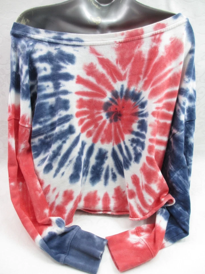 Sudadera holgada para mujer S Tie Dye roja blanca azul corta antigua azul marino cuello ancho Foto 4 de 4