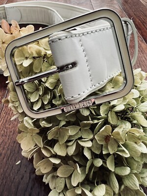 DIRK BIKKEMBERGS Men s White Signature Logo Leather Rectangular Buckle 41 /1.5 