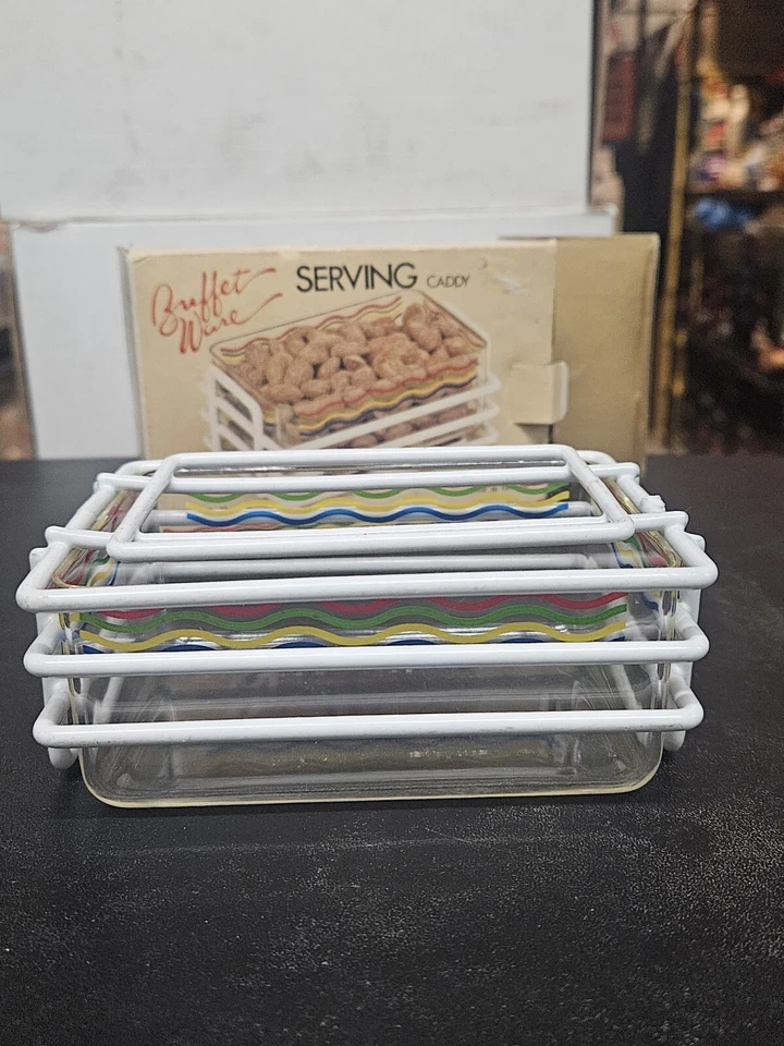 Vintage 80’s Party Buffet Ware Serving Caddy Striped Removable Plastic Tray - Изображение 4 из 4