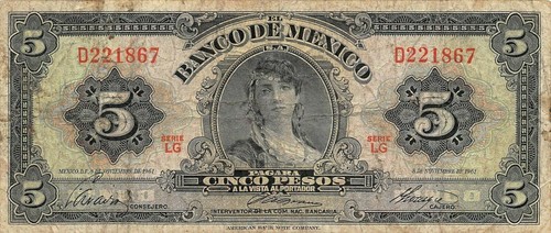 México 5 Pesos 8.11.1961 Prefix D Series LG Circulated Banknote RedF