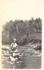 RPPC Girl Posed Standing Near River Stream- Holding Hat Old Postcard M20
