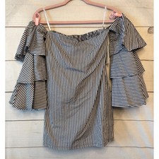 Faithfull the Brand Phi Phi Dress Soho Stripe Navy Ruffle Off Shoulder Mini XS
