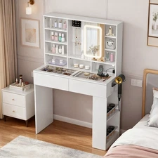 Modern LED Vanity Table with Built-in Power Outlets Hidden Jewelry Organizer