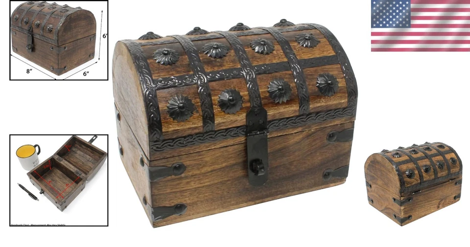 Authentic Handcrafted Pirate Treasure Keepsake Box - Large 8x6x6 Wood Chest - Image 2 of 4