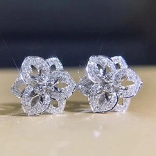 Moissanite Rose Flower Stud Earrings 2.00 Ct Round Cut 14K White Gold Plated