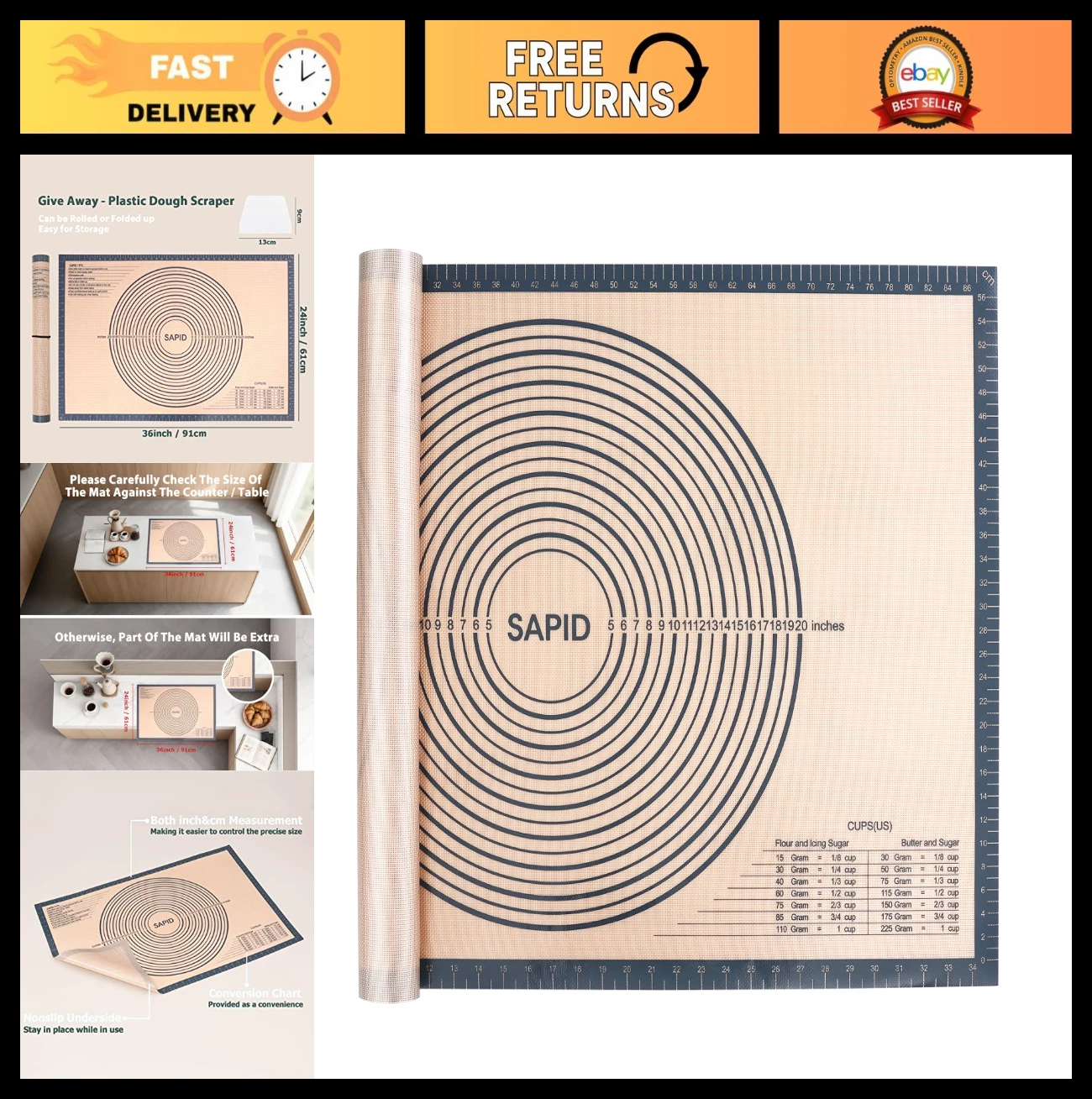 Extra Large Non-Slip Silicone Pastry Mat with Measurements for Baking & Rolling