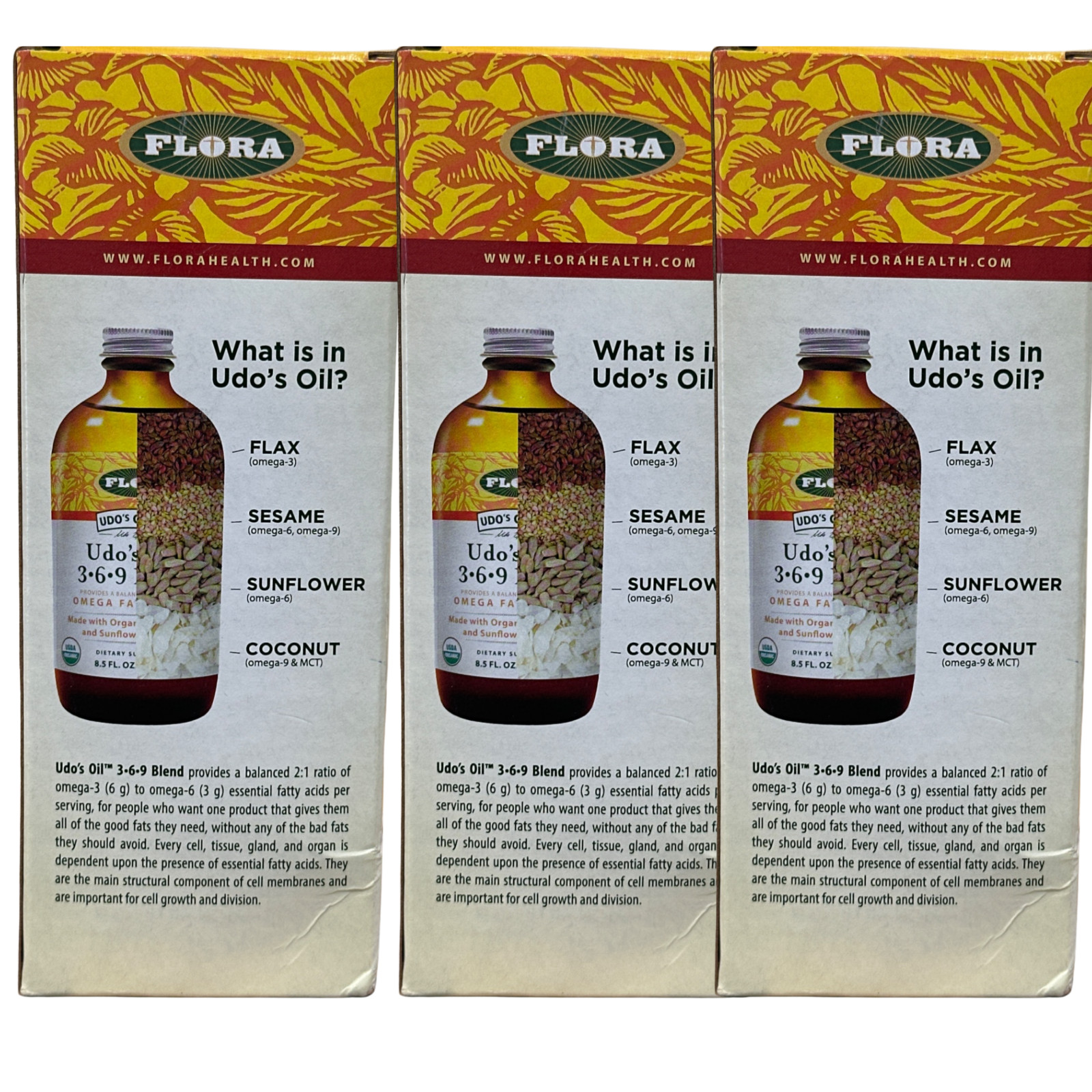 3 Pack Flora Udo&rsquo;s Choice Organic 3-6-9 Blend Oil 8.5oz Omega Fatty Acids Vegan
