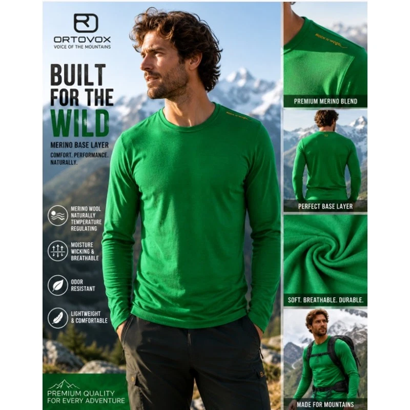 Ortovox Merino Wool Long Sleeve Base Layer Green Performance Outdoor Hiking Top
Opens in a new windo