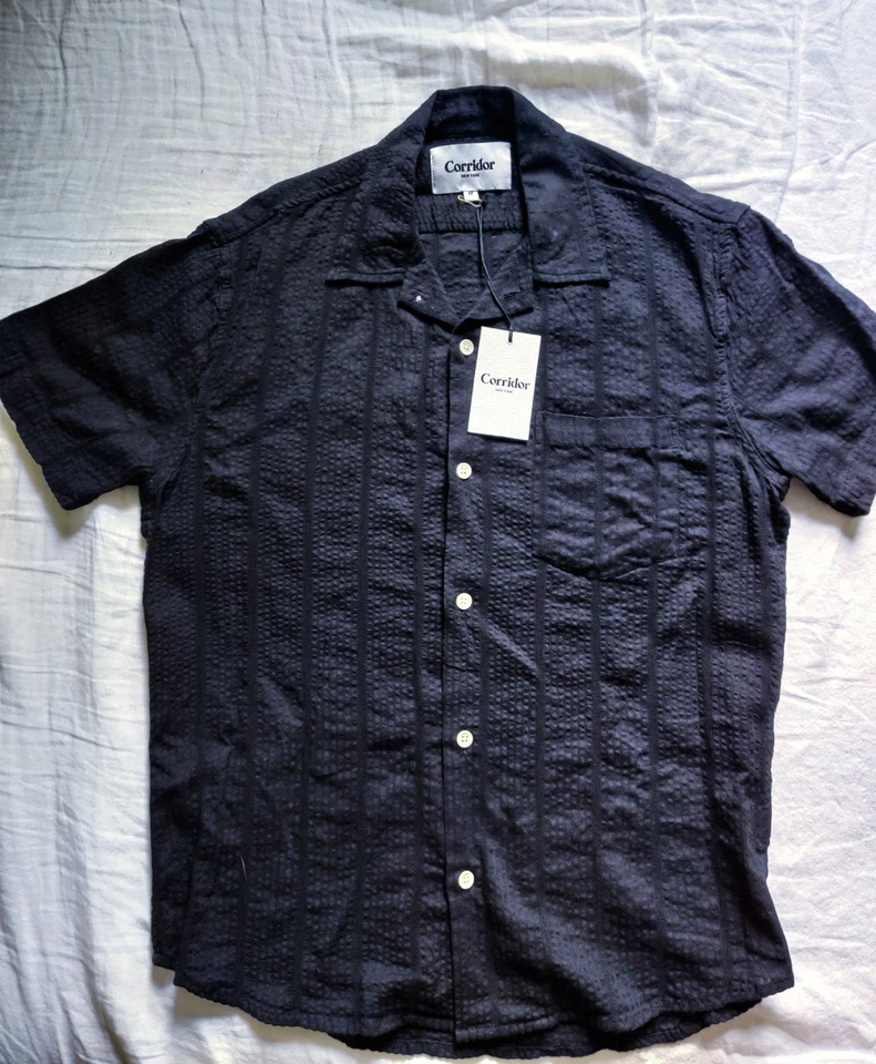 Corridor NYC Rayas Seeksucker Manga Corta Negro Para Hombre Talla Mediana Foto 3 de 4