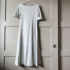 Lauren Ralph Lauren Blue White Striped Boat Neck Midi Dress Short Sleeve Size M