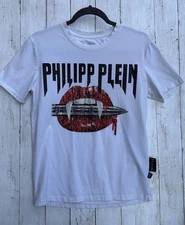 Philipp Plein Shirt Mens Large White Platinum Cut Lips Vanpire Kiss Fangs Stoned