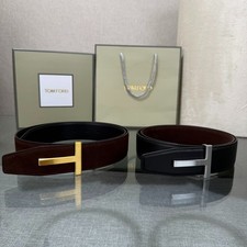 Tom Ford Men  s Reversible Calfskin Leather Black/Brown Belt T-Buckle