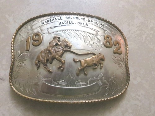 Vintage German Silver & Gold Tone Cow 1982 Cow Roping Buckle.