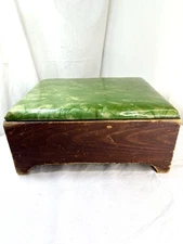 Vtg Green Vinyl Marbled 3D Padded Seat Wood Foot Stool Rest Ottoman 15x12x7"H FS