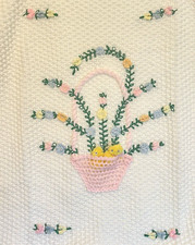 Vtg Crocheted Baby Crib Blanket 3D Flower Basket Chicks Easter Ruffles 36"x31"