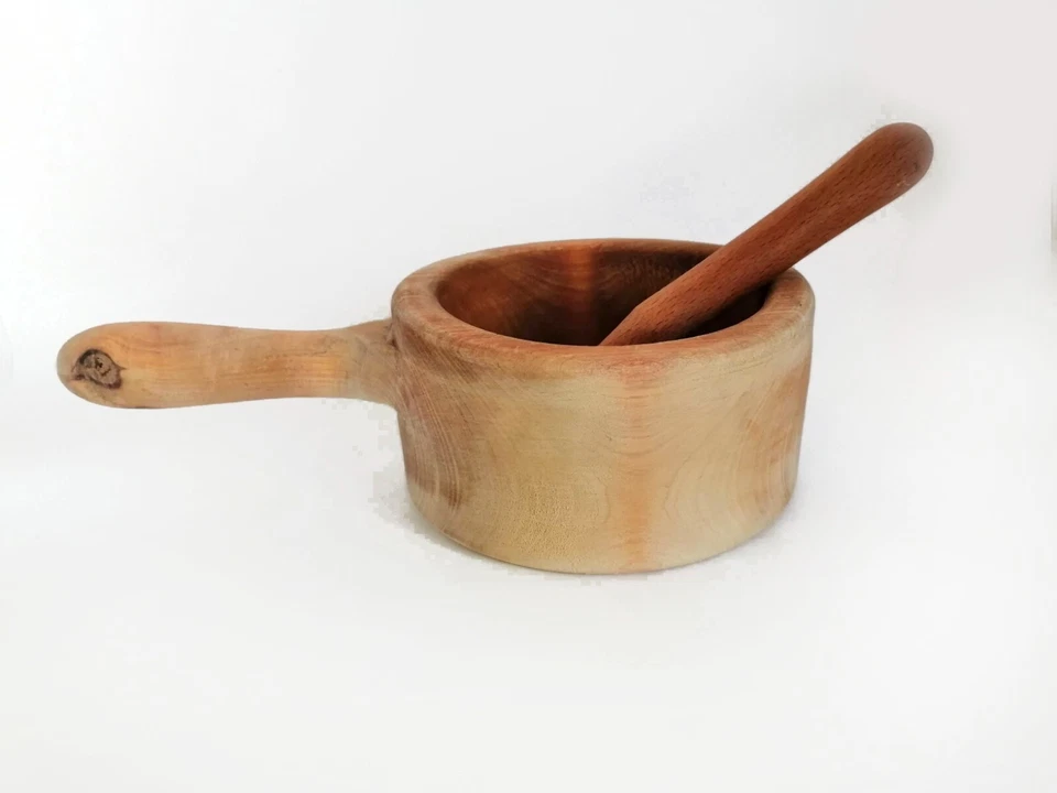 Mortero y mortero de madera vintage grande con mango cocina especias hierbas molinillo Foto 2 de 4