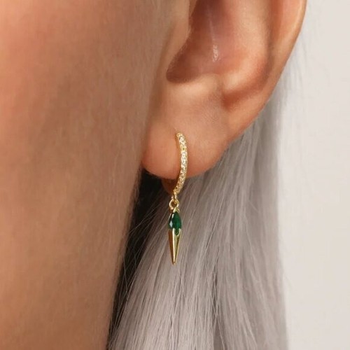 Gold Huggies with Green CZ Spike Dangle Hypoallergenic Dainty Earrings PRETTY - Picture 9 of 16