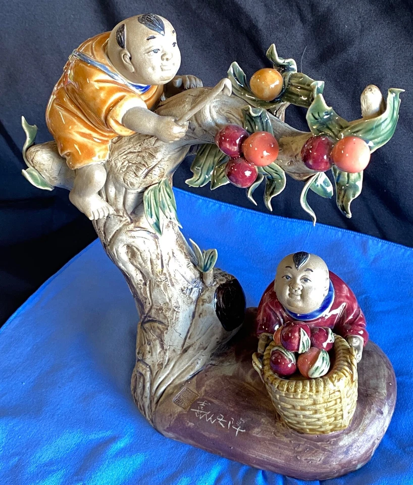 Old Chinese Shiwan Porcelain Tree Tongzi Boys Pick Cherry Coin Statue Estate - Image 2 of 4