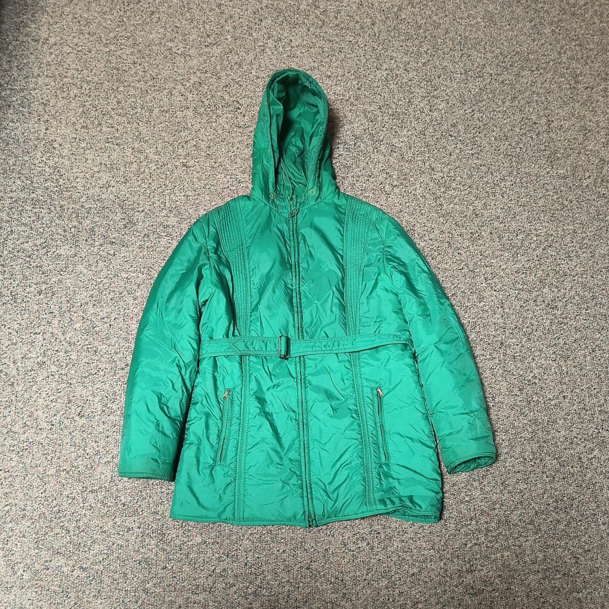 Vintage White Stag Hooded Ski Jacket, Womens XL Green W/Belt