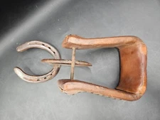 Antique Leather & Iron Boot Jack With Horseshoe Design Rustic Vintage Style