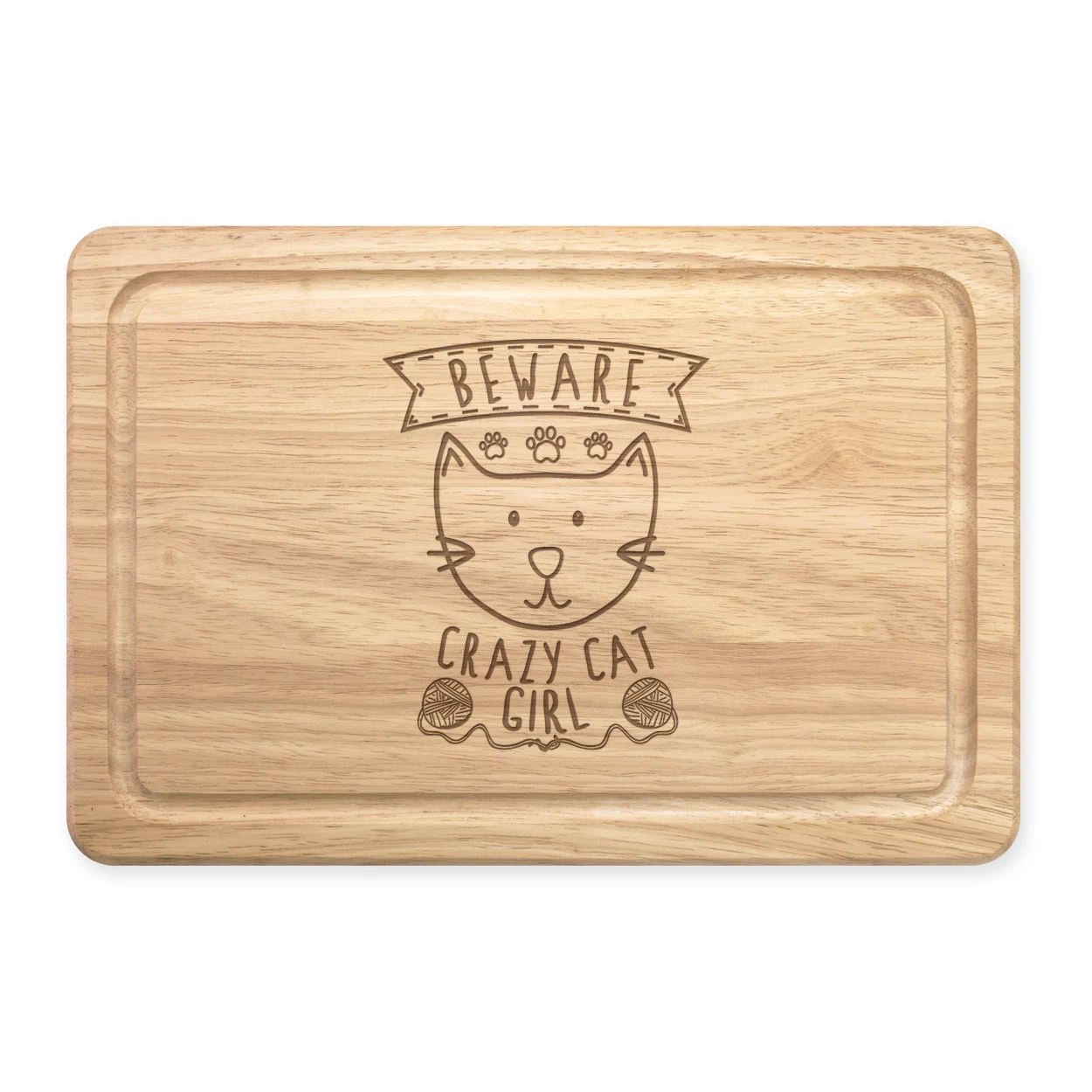 Beware Crazy Cat Girl Rectangular Wooden Chopping Board - Funny Kitten Animal