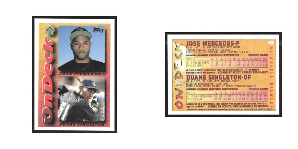 1995 Topps Jose Mercedes/Duane Singleton Brewers #638 - Image 3 of 3