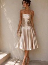 Dressy Collection Womens Midi Dress Size 8 Gold Strapless Satin Formal EUC