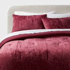 3pc Full/Queen Luxe Distressed Crinkle Velvet Comforter and Sham Set Berry Red