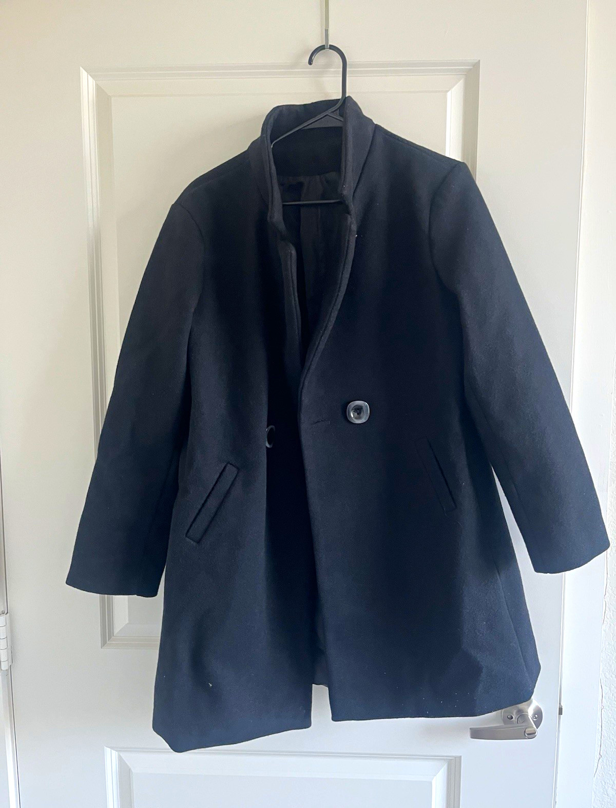 Women’s Black Pea Coat Wool Blend Button Front Stand-Up Collar Pockets XL
