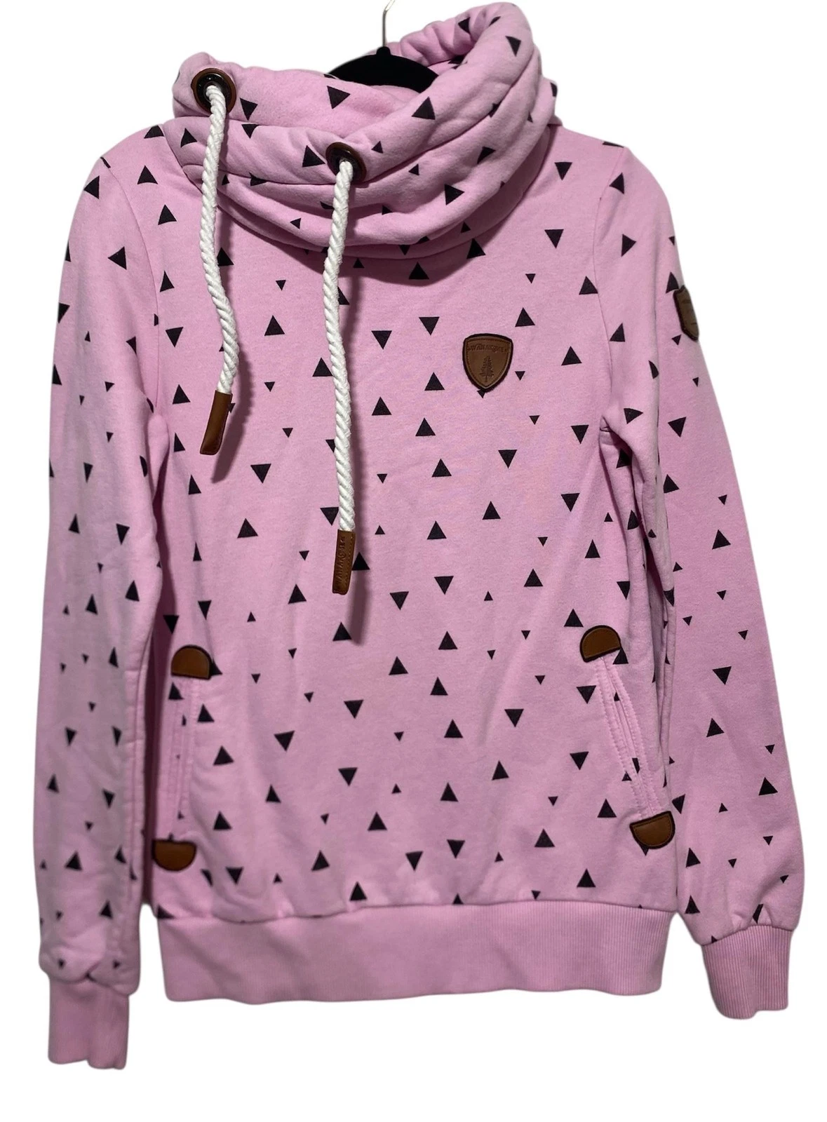 Wanakome Hoodie Womens Small Pink Cowl Neck Pullover Black Triangle Print Fleece