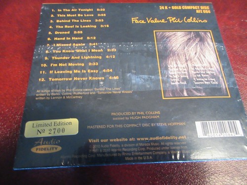 PHIL COLLINS FACE VALUE VERIFIED NUMBERED 2700 STEVE HOFFMAN MASTERED 24K GOLD - Picture 2 of 2