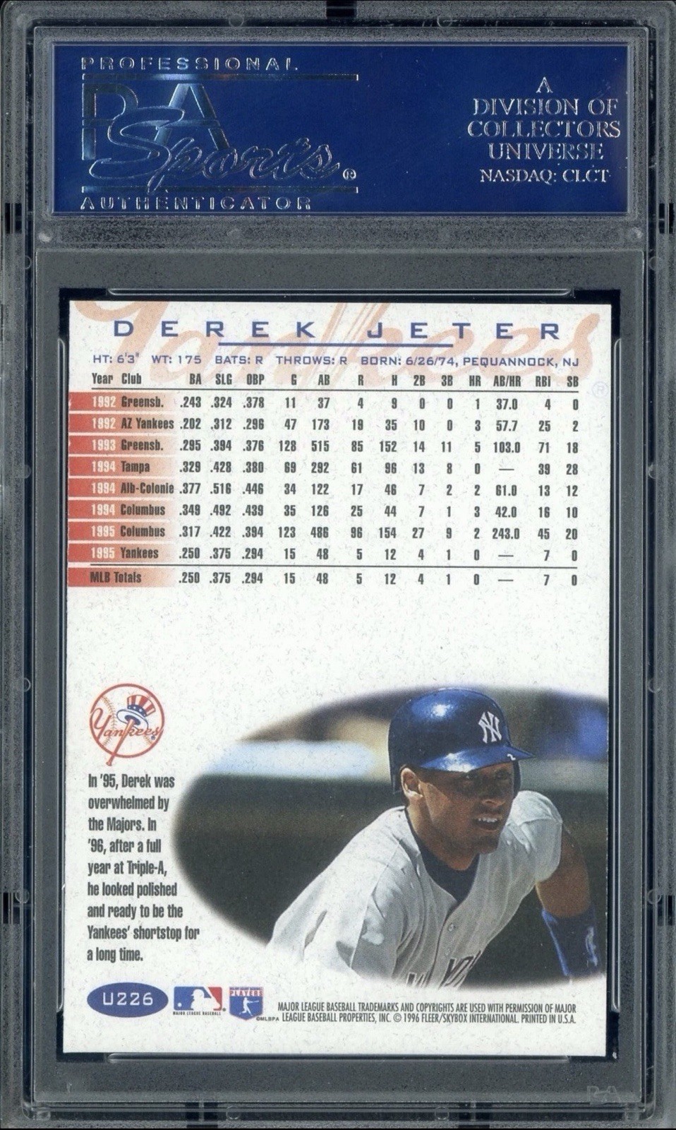 1996 FLEER UPDATE DEREK JETER #U226 NEW YORK YANKEES HOF PSA 10 GEM MT view 2