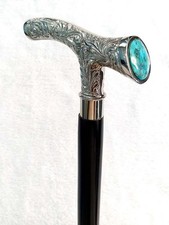 Handmade Designer Black Wooden Walking Cane: Derby Brass Handle with Turquoise