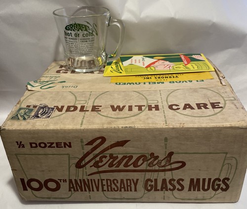 Vintage 1966 Lot of 6 Anchor Hocking Vernor's 100 Anniversary Glass Mugs In Box