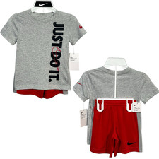Nike Boys T-Shirt  Shorts Outfit Set Size 4 Just Do It Athletic Sporty Red Gray