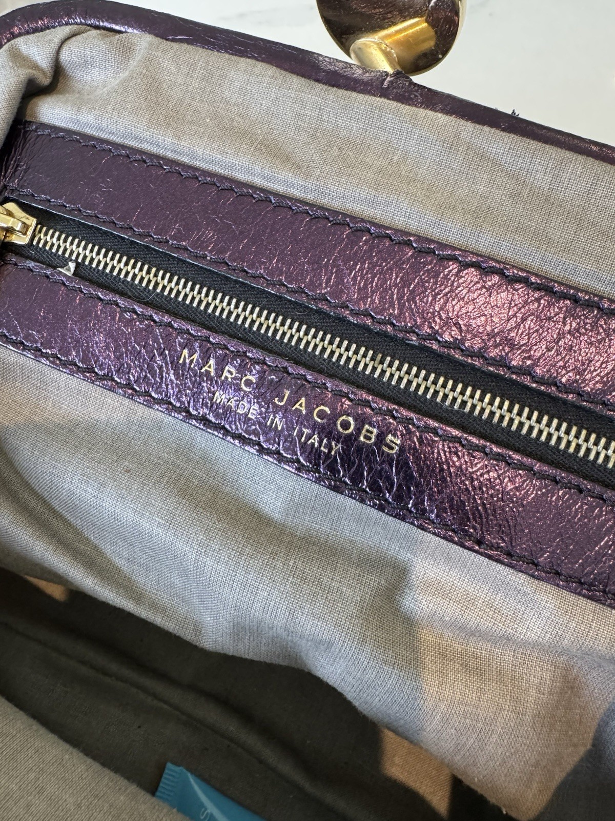 Marc Jacobs STAM Purple Leather Quilted Shoulder Bag Gold Chain Strap Zip image 5